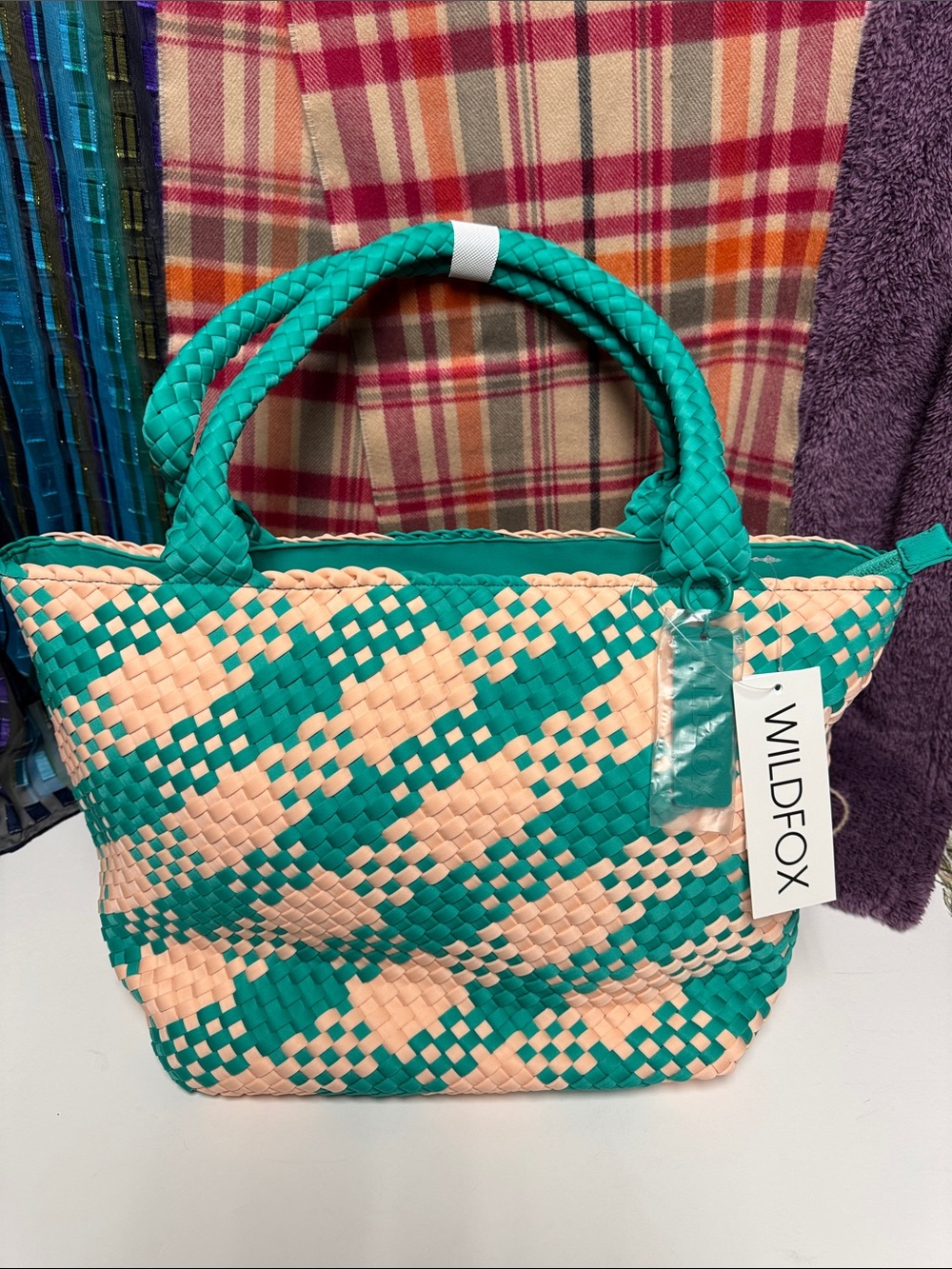 Wildfox Teal and Peach Woven Tote